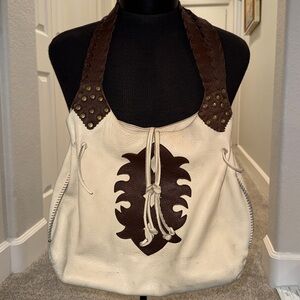 Cream Shoulder Bag with Modern Brown design and brass studded accents